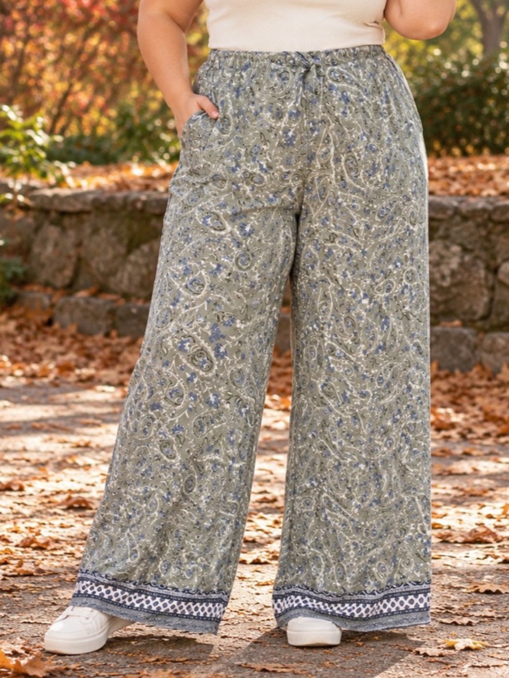 NWT Tag XXL Paisley Border Print Wide Leg Palazzo Pants Boho Coastal Resortwear